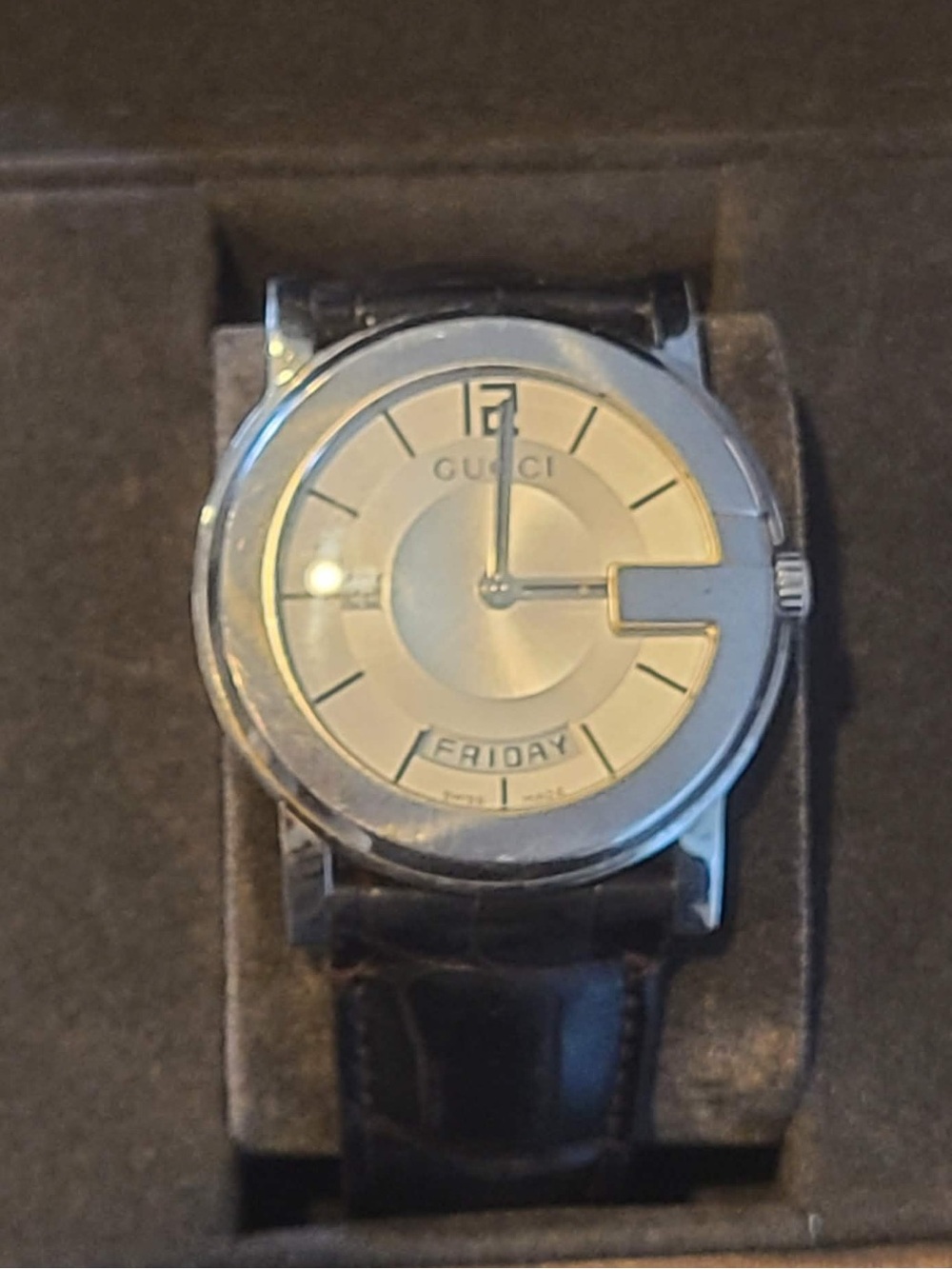 Gucci Silver Dial Leather Strap G-Frame Watch